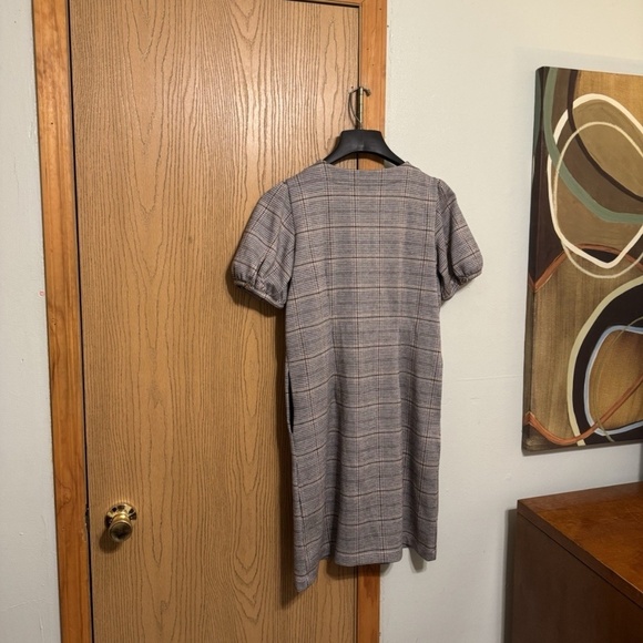 Loft Size 6 Multi-Color w/Plaid Print & Puff Sleeves Knee-Length Pocket Dress - Picture 2 of 5